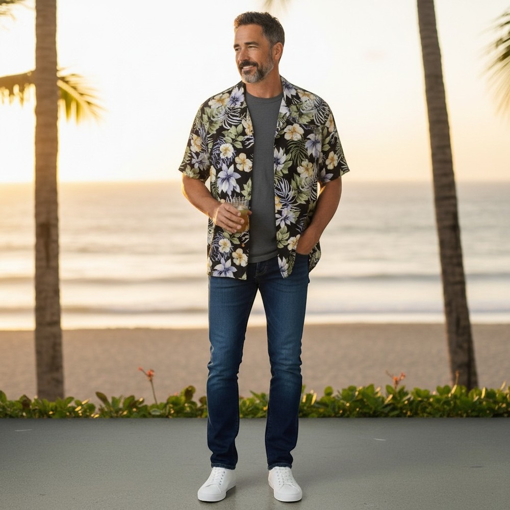 Rum Runner Mens Large 100% Silk Tropical Hawaiian Shirt Black / #26363